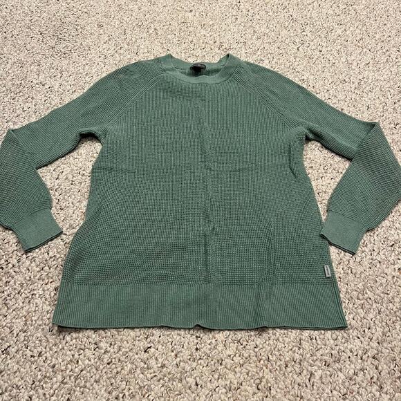 Eddie Bauer Cotton Blend Waffle Knit Sweater Sz M Green Casual Fall Cozy - Picture 1 of 6